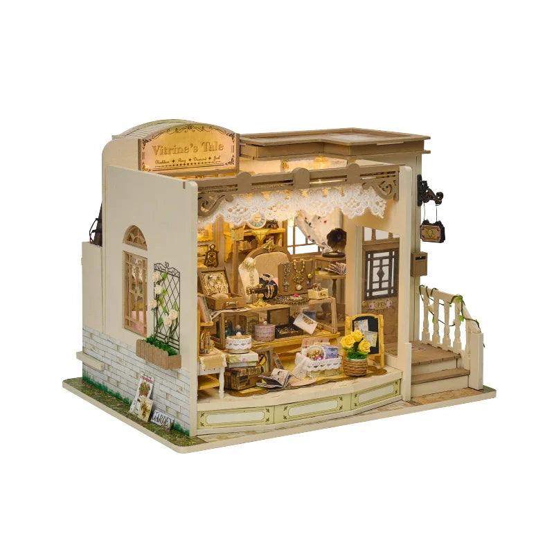 Diy Doll Miniature House Kit Wooden Casa Dollhouse Furniture Light Handmade Assembly Miniature Toys Birthday Gifts Jewelry Store