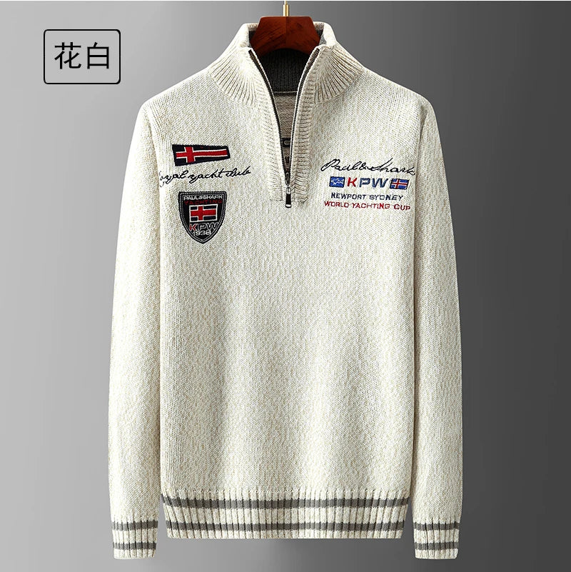 Autumn Sweater Male Shark Clothing Cotton Wool Jumpers Pullover Coats Jacquard Christmas Knitted Half Turtleneck zip