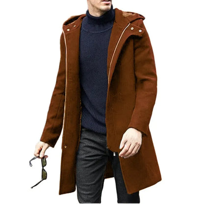 Autumn Winter Men's Woolen Coat Casual Fashion Hooded Zipper Coats Mid-length Men's Lining Clothing