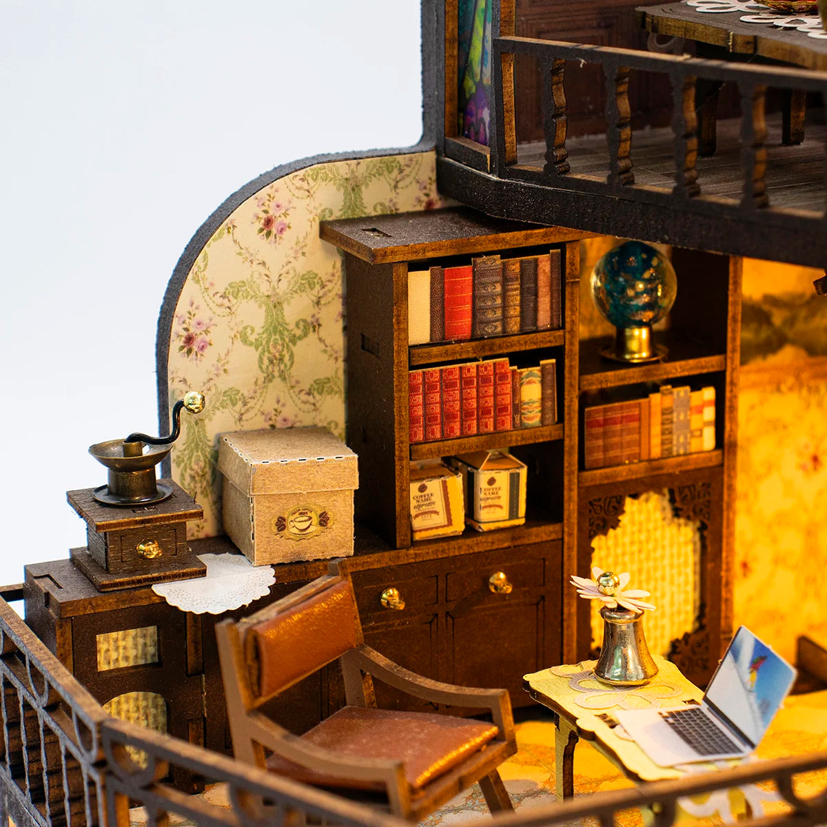 Coffee Villa Miniature Dollhouse Set 3D Puzzle Assembly Model Set DIY Handmade Toy Bookshelf, Wooden Crafts Birthday Gift