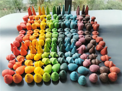 Kids Wooden Montessori Toys Rainbow Loose Parts Wood Mushrooms Honeycomb Droplets Bamboo Shoots Acorns Tree Cones