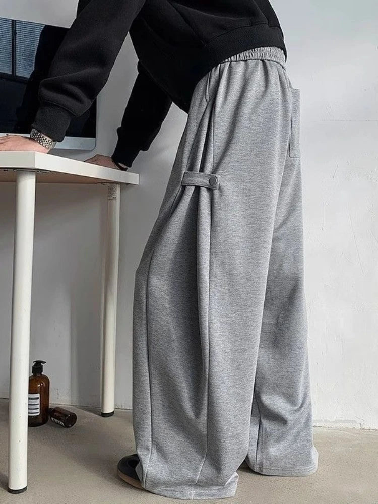 Men’s Grey Deconstructed Cargo Pants Heavyweight Oversized Wide Leg Trousers Floor Length Casual Streetwear for Spring Autumn