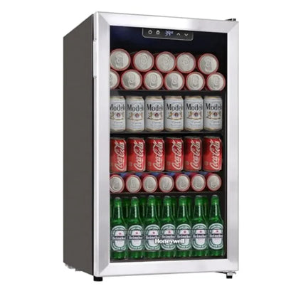 Beverage Refrigerator and Cooler, Mini Fridge with Glass Door for Soda Beer or Wine in Office or Bar Use, Stainless Steel, Blac
