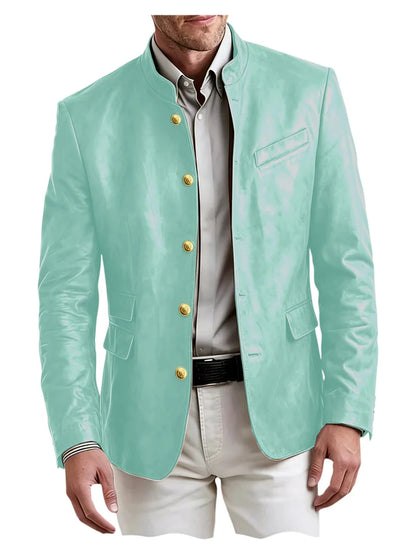 Men's Stand Collar Leather Blazer Slim Fit Single Breasted Golden Metal Buttons Multi Pocket Coat For Business Wedding Daily