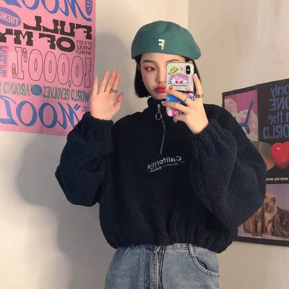Lamb Velvet Fleece Lined Thickened Short Half High Collar Sweatshirt Women's Loose Korean Style Autumn Winter Zipper Top Tren...