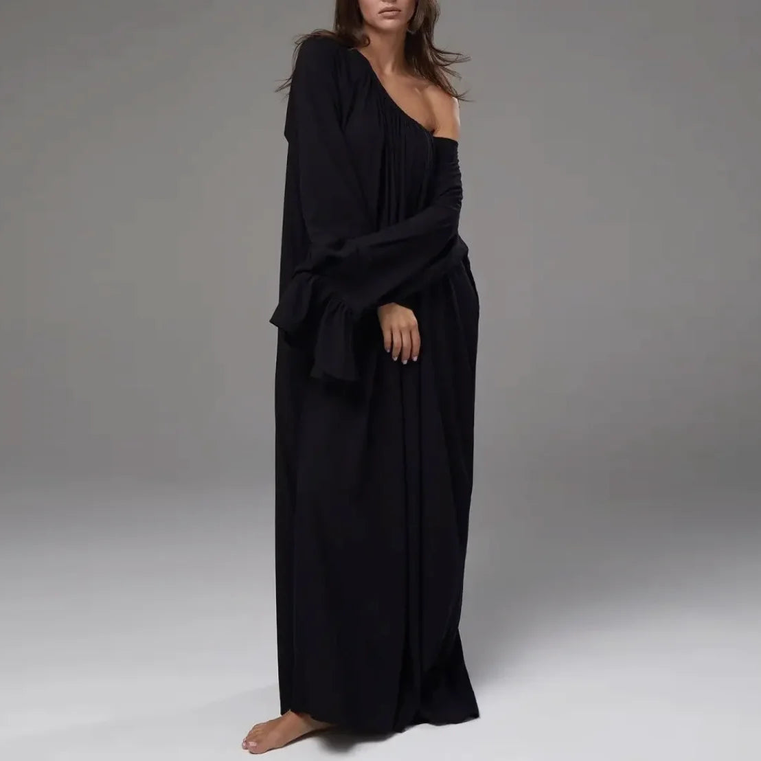 Parc Fee Casual Loose White Women Dress 2025 Elegant U-Neck Long Sleeve Floor-Length Dresses Simple Oversize Solid Female Dress