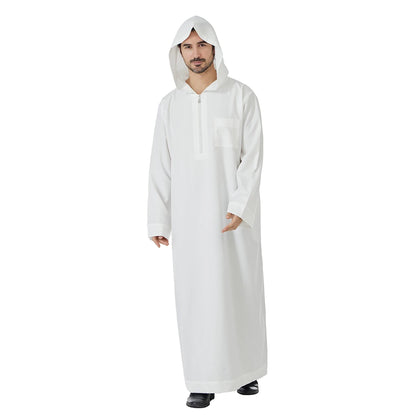 TH848 Men's Muslim Middle Eastern Men Long Sleeves Hooded Solid Color Zipper Robe Arab Male Jubba Thobe