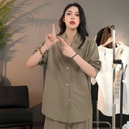 Casual Linen Silk Men Women Set Spring Summer Fashion Straight Leg Pants Long Sleeve Shirt Outerwear Two Piece Set Couple Out...