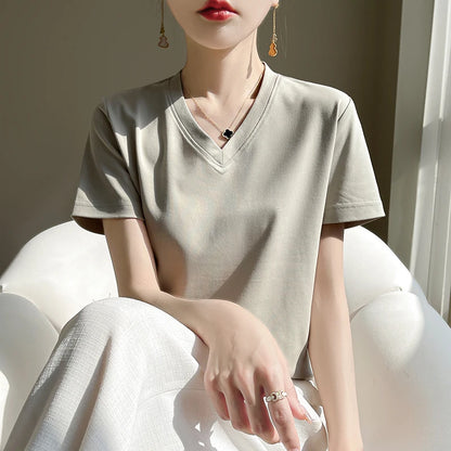 2026 Summer New Pure Cotton V-neck Short-sleeved T-shirt Women's Solid Color Joker Pullover Shirt with Loose Sleeve Bottom Shirt