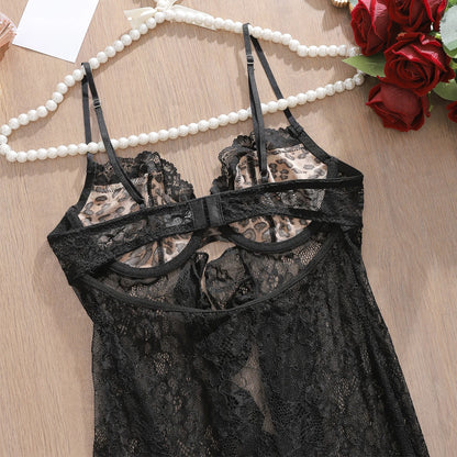 2025 New Sexy Fashion Leopard Print Bra Camisole Vest see-through Lace Hem Erotic Lingerie Panties two-piece Set