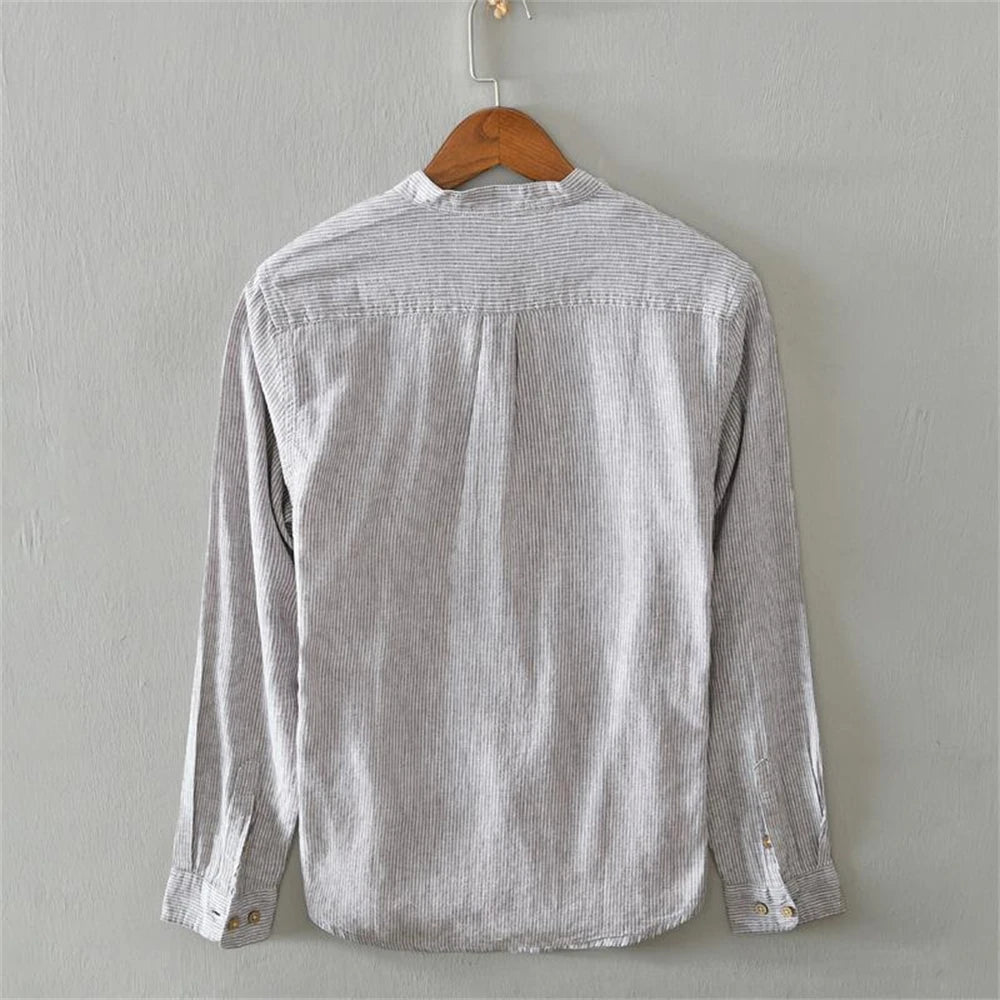 Mens Long Sleeve Business Casual Slim Fit Shirt Spring Autumn Stripe Cotton Linen Blend shirts Daily Commute Breathable tops