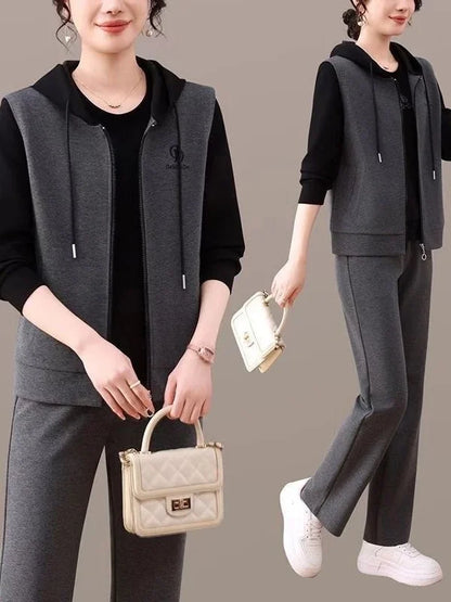 Casual Sporty Three-Piece Set for Middle-Aged And Elderly Women Loose Fit Mom Hoodie Vest Fashionable And Comfortable