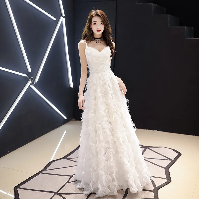 Elegant White Feather Evening Dress Hanging Neckline Engagement Birthday Adult Ceremony Ultra Fairy High End Long Skirt