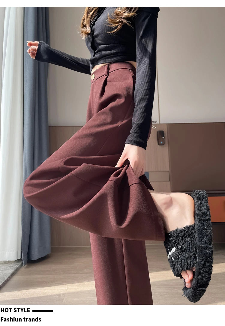 Seoulish Autumn Elegant Women's Wide Leg Pants 2024 New Korean Solid Button Casual Loose Office Full Length Trousers Female