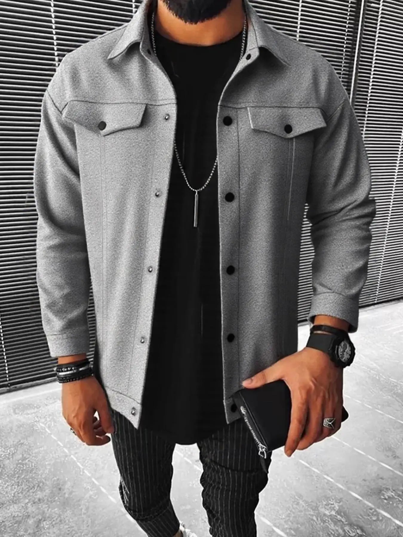 Autumn New Men's Woolen Jacket Solid Color Jacket Coat Collar Button Front Flip Pocket Coat