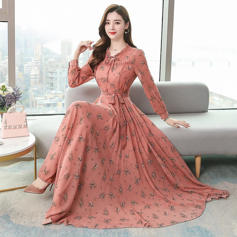 Fashionable new women's dress, chiffon long sleeve, Korean style floral print, new autumn and winter product, large hem, slimmin