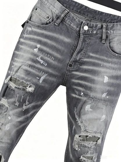 6058 Four Seasons New Men's Wash Grinding Hole Patch Paint Splash Ink Micro-bullet Leg Grey Jeans for Men