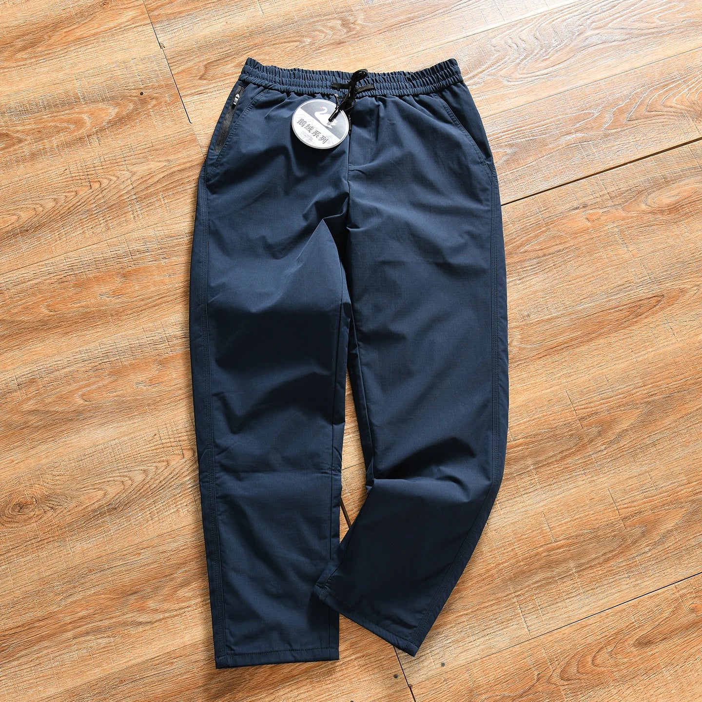 Thickened Goose down Winter Outdoor Men's Casual Elastic Waist Pants Warm Stylish Long Straight Tube Polyester Fiber Trousers