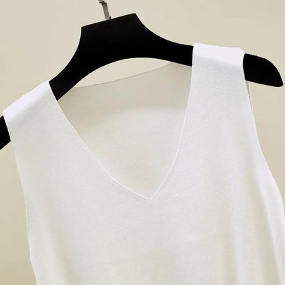 Women's Summer V-Neck Tank Top: Breathable, Waist-Defining Short-Sleeved Knit Top with Ice-Silk Spandex Lining for Outerwear