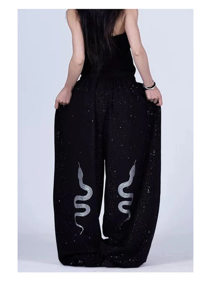 American Style Hip Hop Glitter Sports Pants Women's Spring Summer Loose Wide Leg Sweatpants Jazz Dance Floor Length Pants