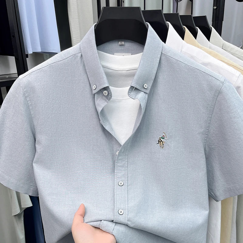 High-end Embroidered Summer 100% Cotton Short-sleeve Shirt for Men, Embroidered Youth Shirt, Business Casual Half-sleeve