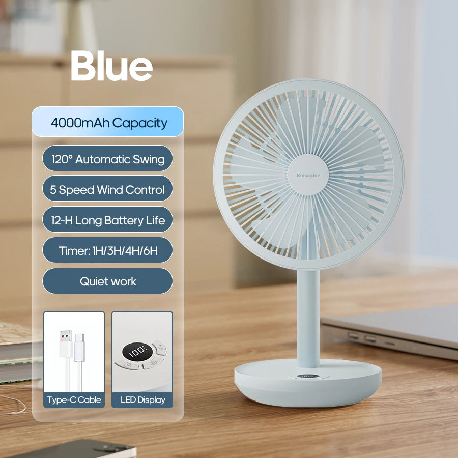 KINSCOTER Smart Oscillating Desktop Fan 5 Gear Wind Speeds Angle Adjustable 4000mAh Rechargeable Fan for Home Office Room