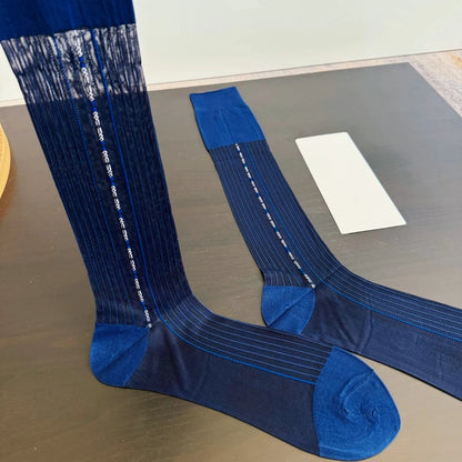 Brand Man Socks Men Transparent Sexy Stockings Ultra-thin Hight Tube Socks Sheer Elastic Striped Business Socks Formal Stockings