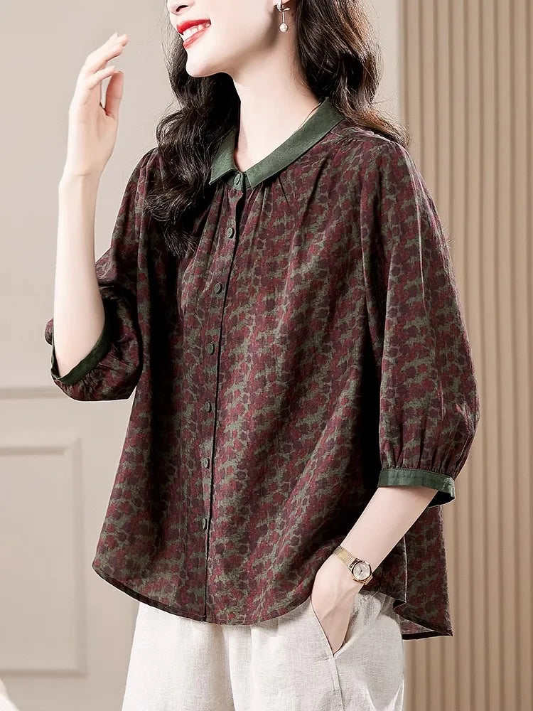 Retro plus Size Women's Shirt Loose Fit Floral Print Seven-Quarter Sleeve Cover up Top Summer New Arrival  Collar Button ...