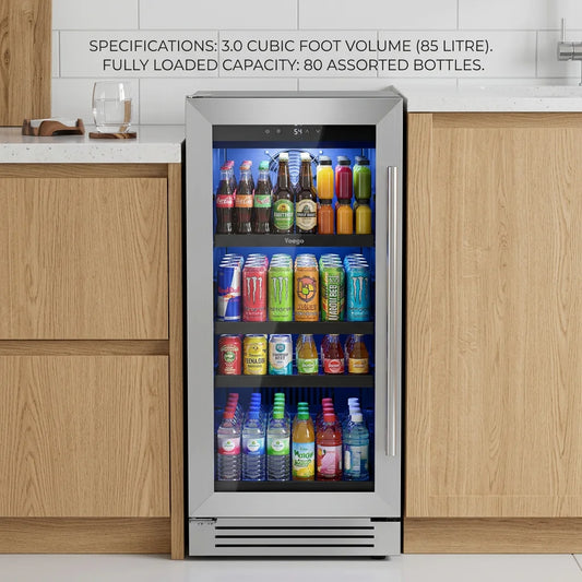 Under Counter Beverage Cooler 85L Built-in Refrigerator 80 Cans Fast Cooling 34°F-54°F 3.0 cu ft Stainless Steel Freestanding Wine Beer Fridge for Kitchen Bar