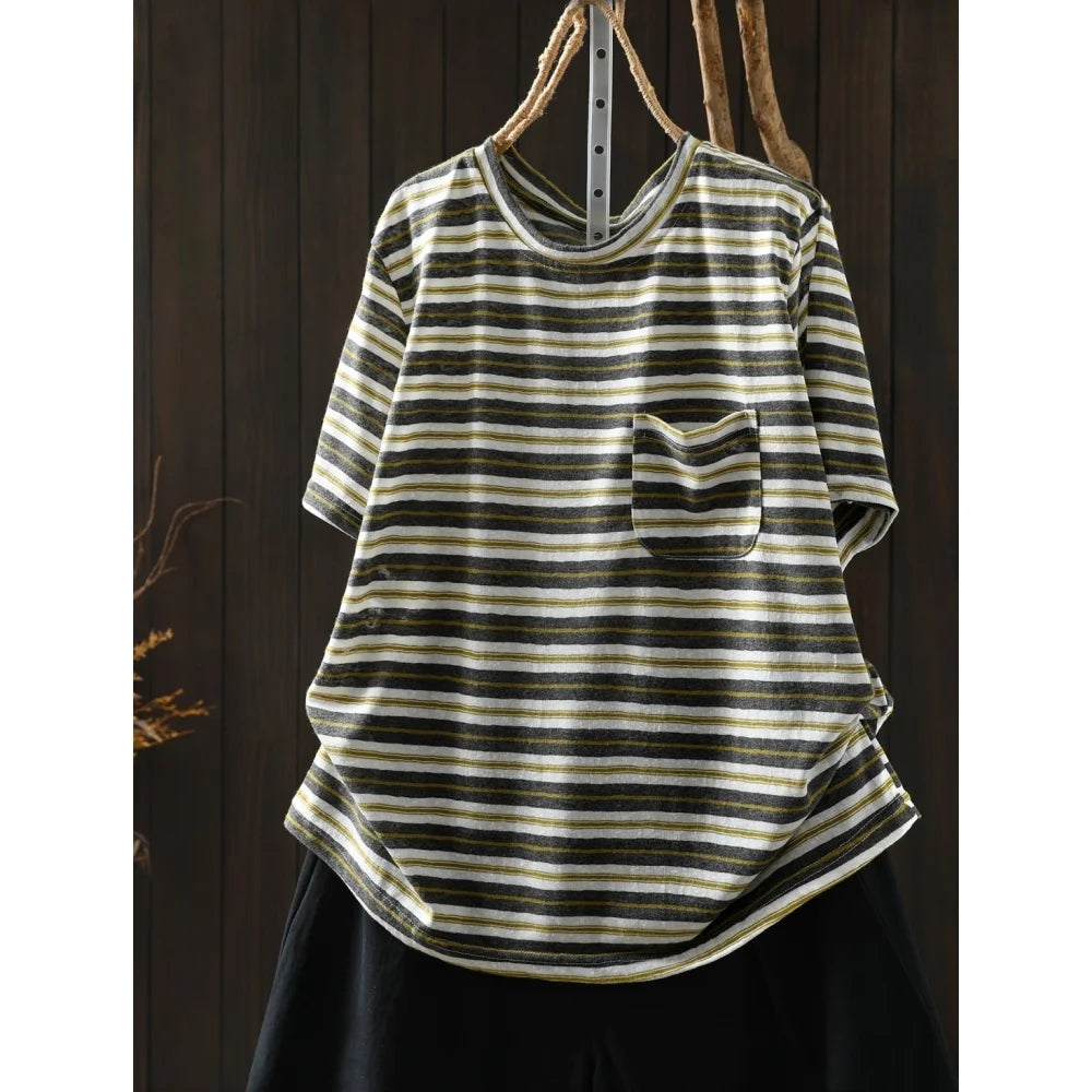 Women Summer Short-sleeve T-shirt 2026 Summer New Stylish Striped Single-pocket Loose T-shirt ZXY154