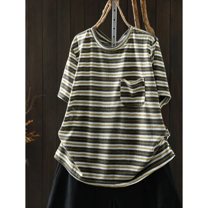 Women Summer Short-sleeve T-shirt 2026 Summer New Stylish Striped Single-pocket Loose T-shirt ZXY154