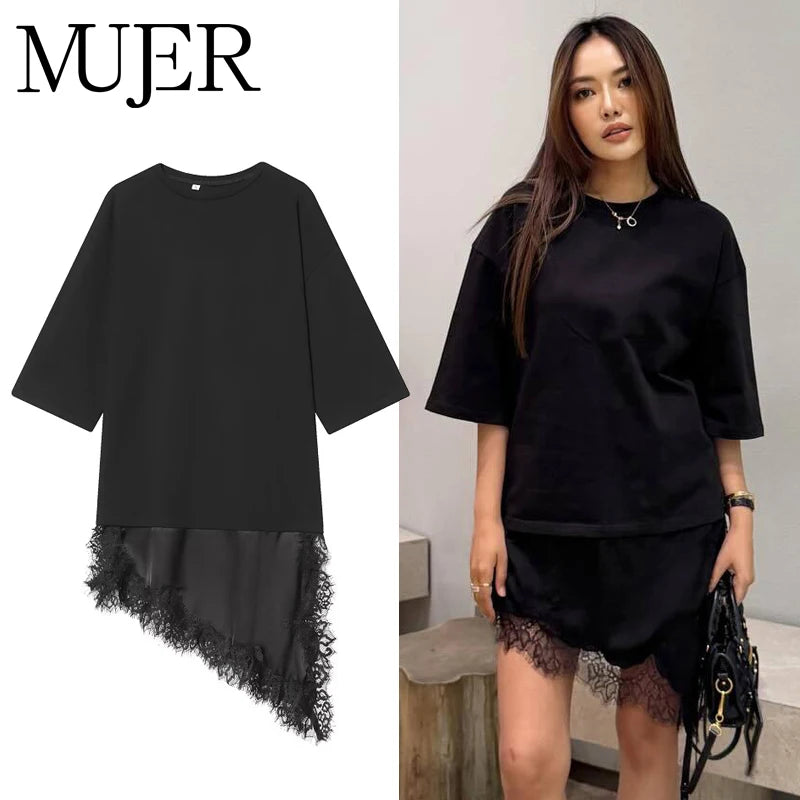 MUJER Polo Lace T Shirt Women Asymmetric Oversized T-Shirt Woman Spring Casual Tank Top Female Fashion Funny Women's T-shirts