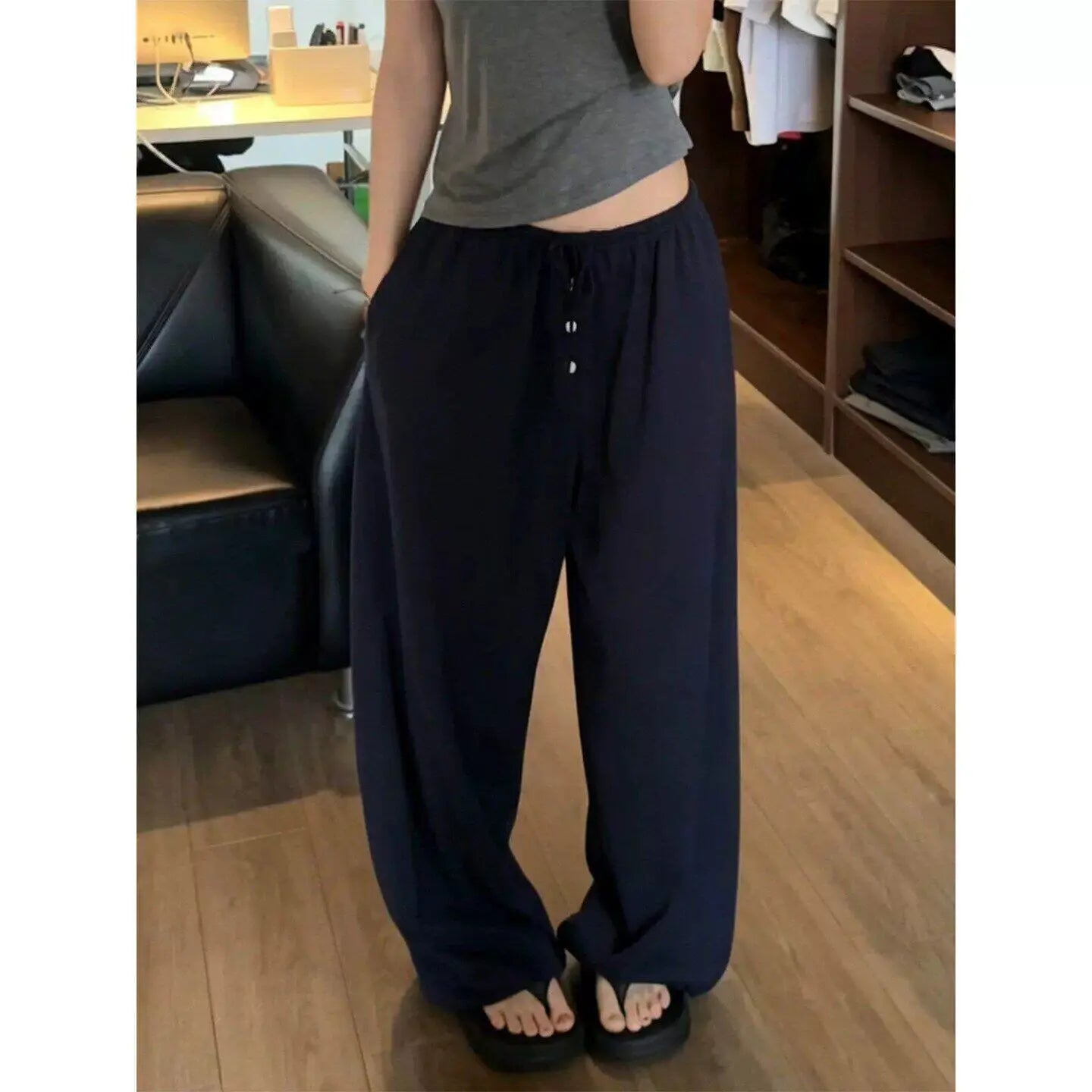 Ice Silk Quick Dry Wide Leg Pants Women Summer Thin Loose Casual Drape Straight Tube Leisure Walking Pants High Waist Elastic