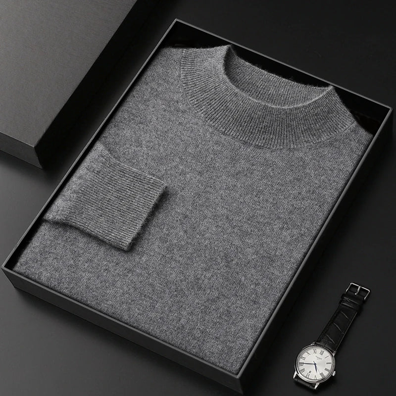 100% Pure Cashmere Sweater Men's Half High Collar Solid Color Pullover Fashion New Knit Undercoat  Autumn and Winter Long Sleeve