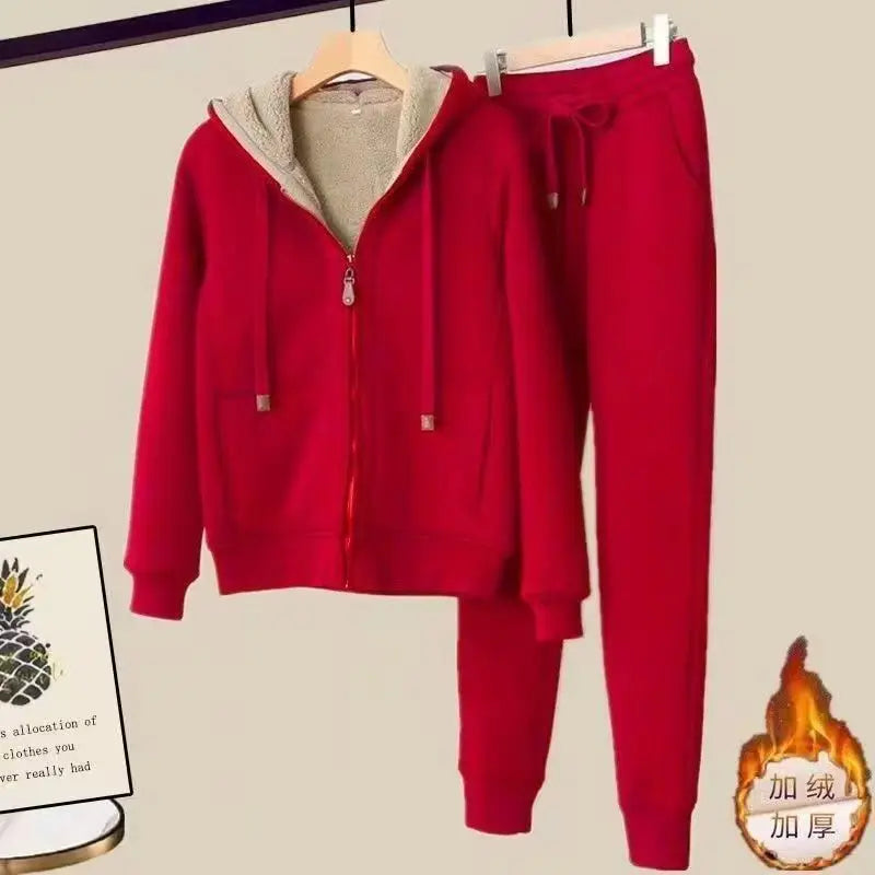 Thickened Fleece Winter Sportswear Set Women's Long Sleeve Hoodie Jacket And Pants Casual Slimming Pure Color Trendy Short Coat