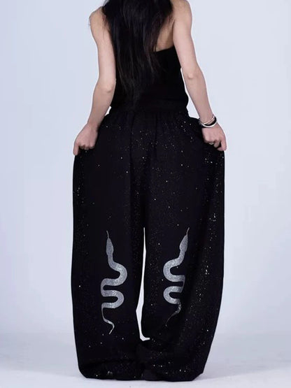 American Style Hip Hop Glitter Sports Pants Women's Spring Summer Loose Wide Leg Sweatpants Jazz Dance Floor Length Pants