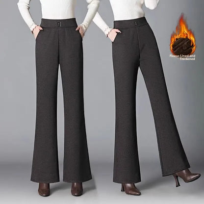 Women's Woolen Flared Pants High Waist Elastic Polyester Fiber Warm Casual Trousers for Autumn Winter 2025 New Style