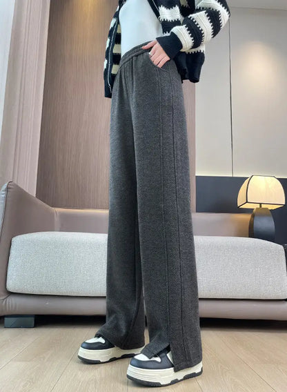 Thickened Woolen Straight Leg Pants Women's High Waist Wide Leg Trousers Autumn Winter Casual Pants Pocket Design Cotton Blend