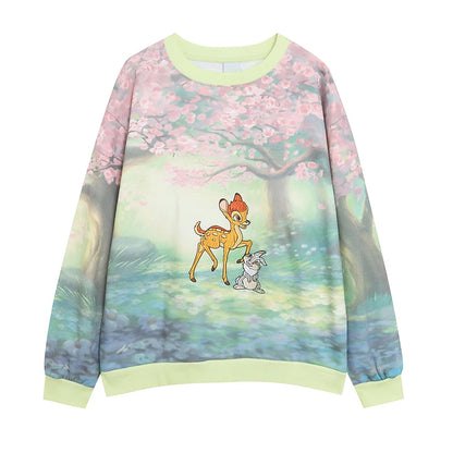 Cartoon Inkjet Printing Embroidered Heavyweight Fleece Hoodie Women's Fashion Loose round Neck Long Sleeve Sweatshirt