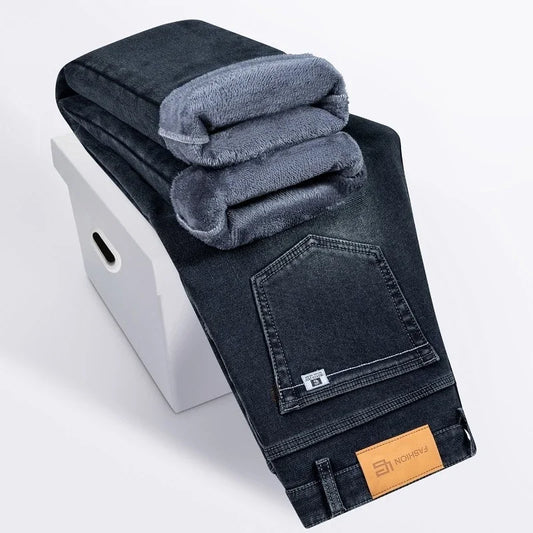 Winter Fleece Thickened Warm Men's Jeans Retro Blue Velvet Straight Leg Length Nine-point Denim Trousers Lined Wool  Pants