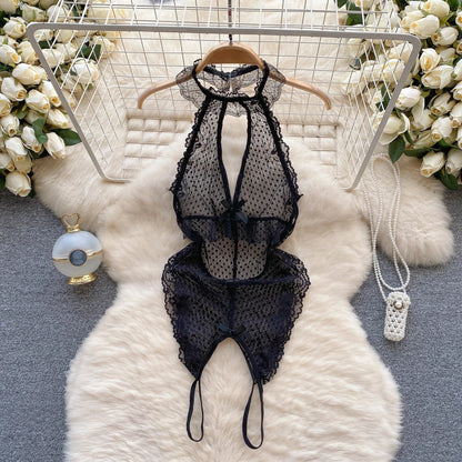 Sexy Lace Strap Jumpsuit Slim Fit Transparent Women's Pajamas Halter Playsuit Erotic Lingerie Catsuit Backless Hollowed Bodysuit