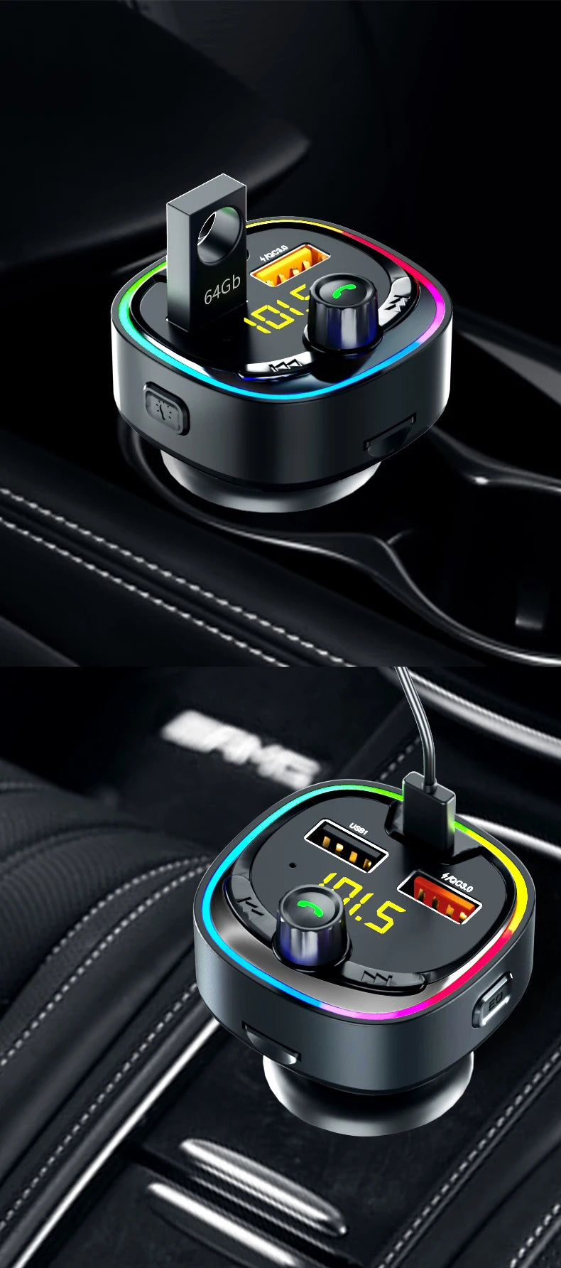 Car FM transmitter, wireless 5.0 QC3.0 & PD 18W USB-C car charger, RGB backlit car receiver, supports hands-free calls, Siri Goo