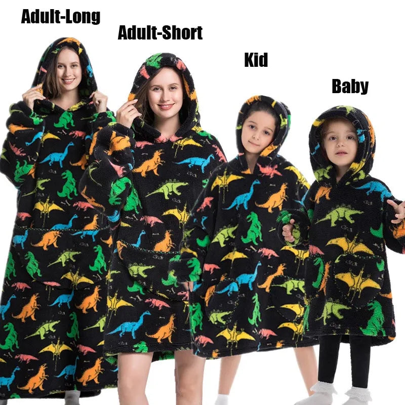 Halloween Family Matching Blanket Hoodies Women Cartoon Bear Dinosaur Sweatshirts Adult Oversized Warm Pullover Winter Clothes