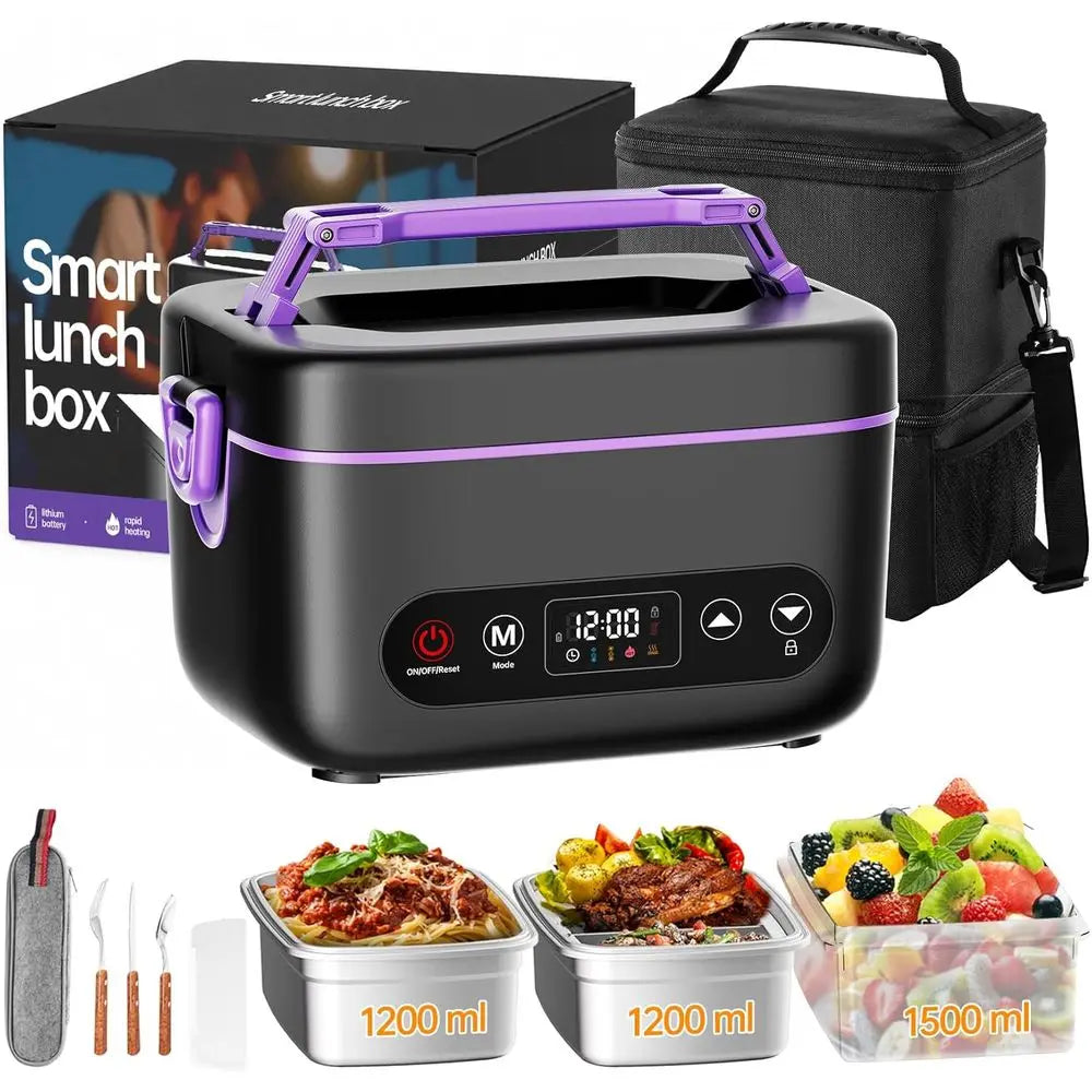 1.2L 100W Electric Heated Lunch Box, 5D Surround Heat Tech, 6x4000mAh Battery, Portable Food Warmer, 220° Max, BPA Free