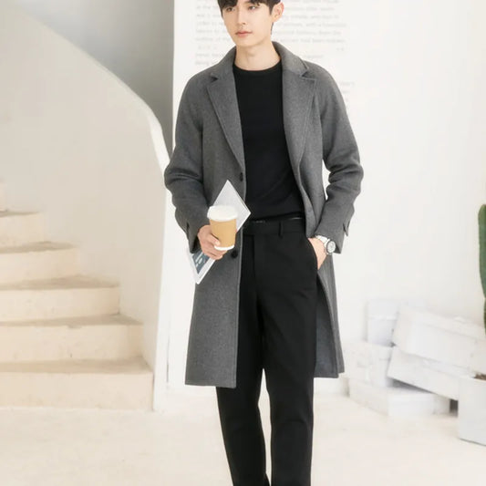 Thickened Slim Fit Lapel Trench Coat for Autumn and Winter Long Woolen Overcoat for Men Double-Sided Woolen Cashmere Windbreaker