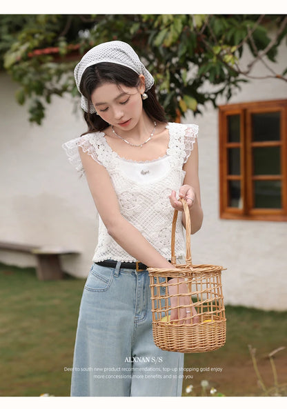ALXNAN White Tank Tops 2026 Summer Elegant Cotton Women's Camisole Lace Fake Two-piece Design Chic Sleeveless Tops Ladies L53815