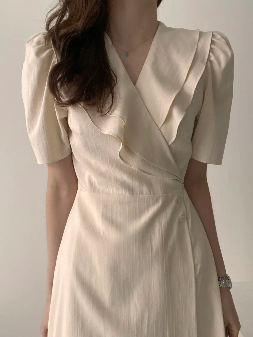 Retro Double Layered Collar Bubble Sleeve  Dress Elegant Short Sleeve V Neck Summer Casual Women's Dress