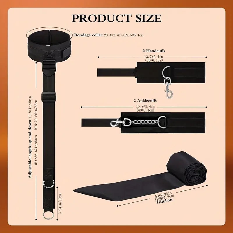 BDSM Bondage Restraint Kit for Couples – Adjustable Neck Collar & Wrist Cuffs Set (SM Sex Toys for Women & Men)