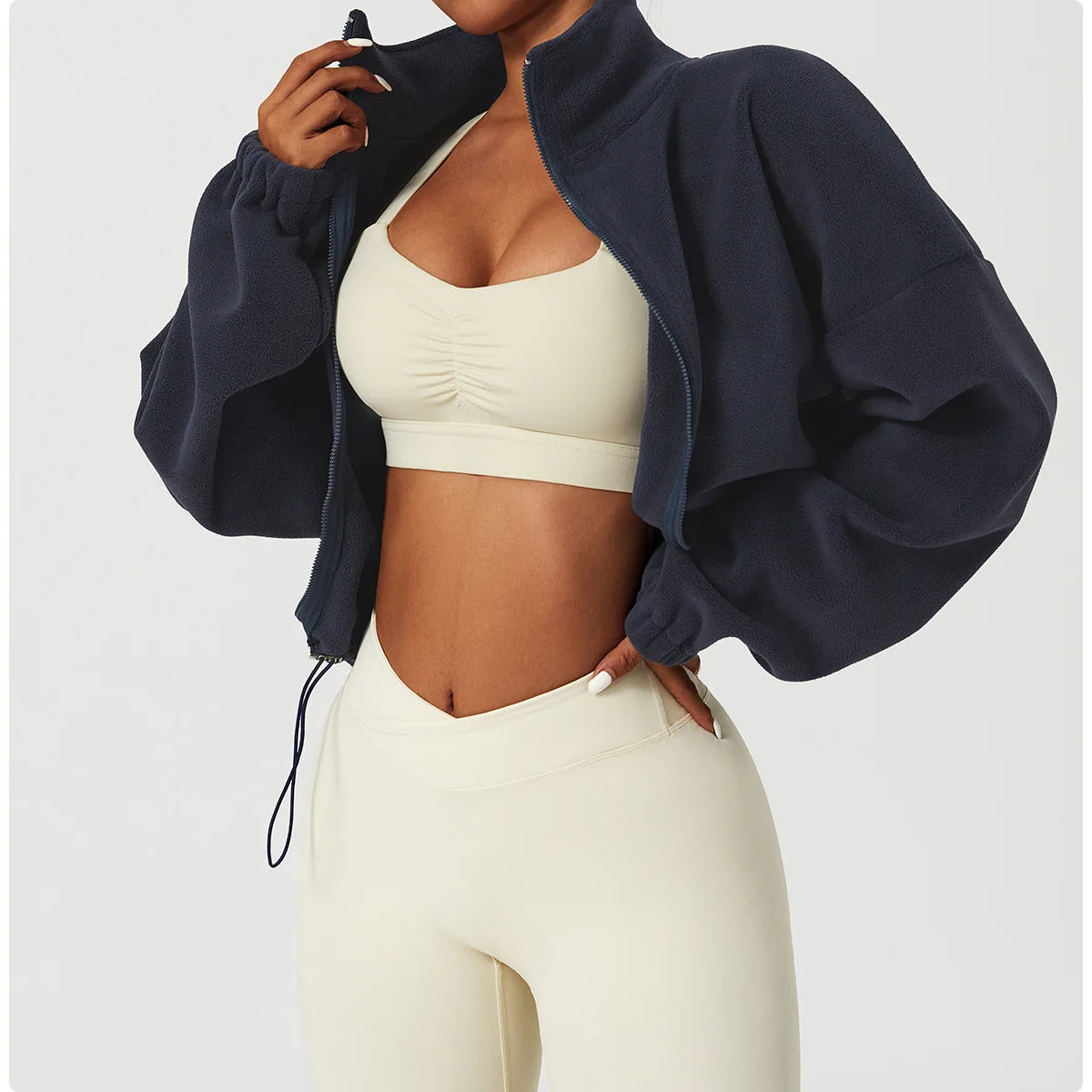 Loose Stand Collar Fleece Casual Jacket Women's Comfortable Polyester Blend Long Sleeve Zipper Closure Fashionable Sweatshirt