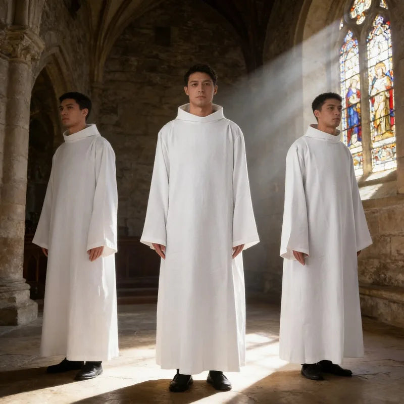 Medieval Priest Robe White Witch Costume Church Party Long Gown Halloween Cosplay Dress for Adult